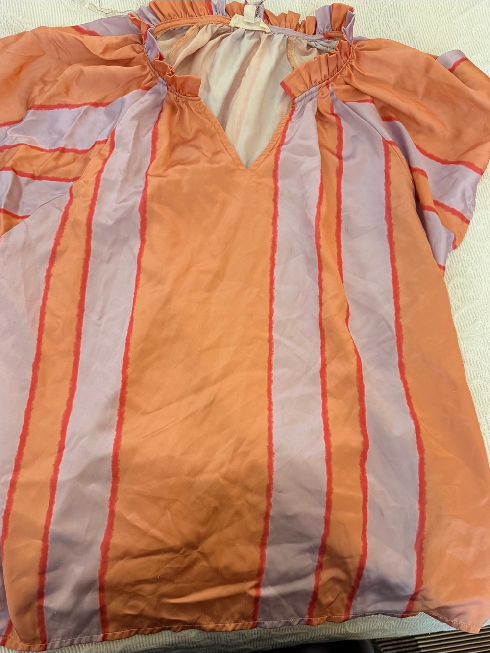 Entro Women's L Striped V-Neck Ruffle Puff Short Sleeve Blouse Orange Lavender